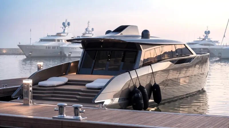 The aft deck and swim platform in the concept renderings, the zone BAZ Yacht Design says the atrium keeps connected to the saloon rather than sealed off from it.