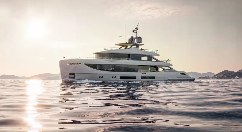 Benetti's new Oasis 36M underway at sunset off the French Riviera, unveiled at the Cannes Yachting Festival in September 2026.