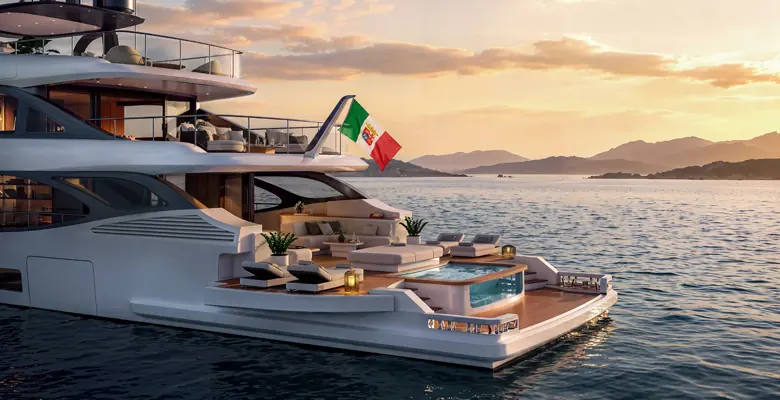 The Oasis 36M's signature fold-down Oasis Deck, with its plunge pool and lounge, deployed at anchor at sunset.