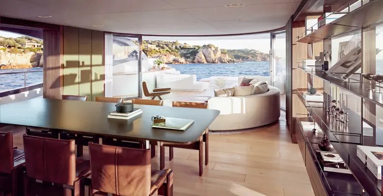 The Oasis 36M's reworked interior by Bonetti/Kozerski Architecture, aiming for what the yard calls a more open, airy feel.