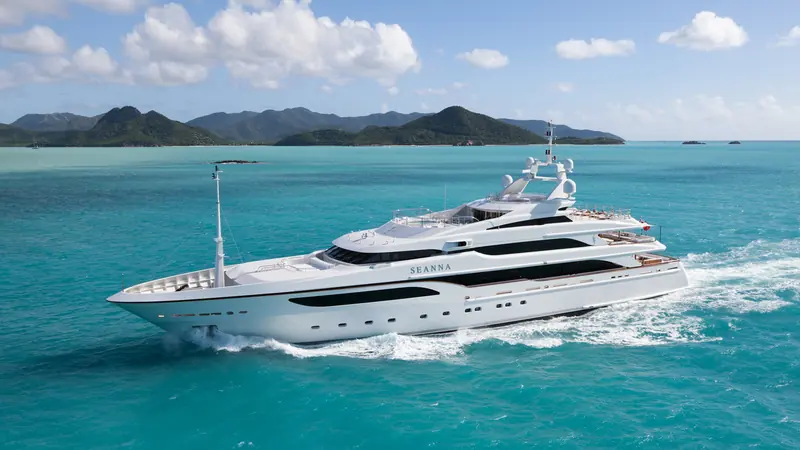 Seanna, the 65-metre Benetti now resold and renamed Mega Global III, under way - the same hull that has changed owners twice in about thirteen months.