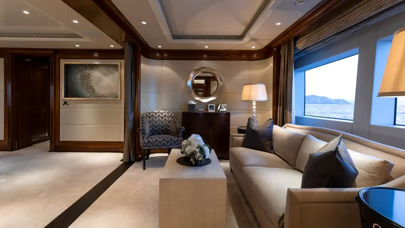 One of the yacht's private saloons, part of the seven-cabin, 14-guest layout.