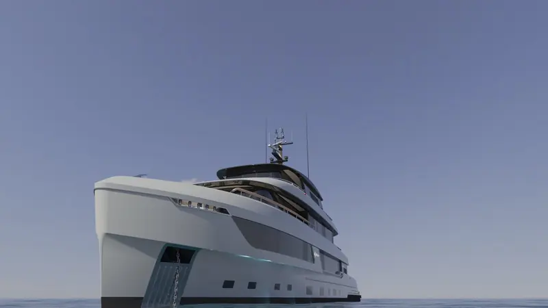 Bering's rendering of the 130 shows the raked bow and anchor chain locker typical of the yard's steel explorer hulls.