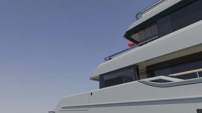 A close-up rendering of the flybridge and upper-deck glazing, where Bering says the asymmetric salon layout adds interior volume.