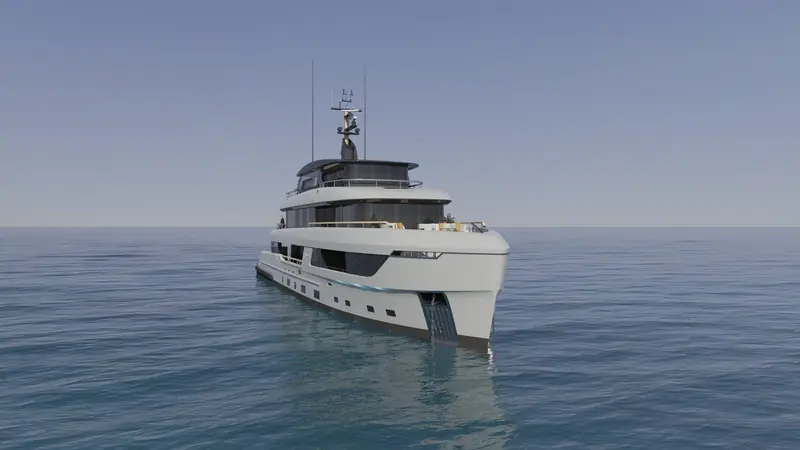 Bering's rendering of the Bering 130 underway, bow quarter view, showing the four-deck profile.