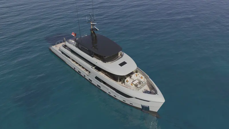 An aerial rendering of the aft lounge deck, where Bering has placed the yacht's outdoor seating and beach-club access.