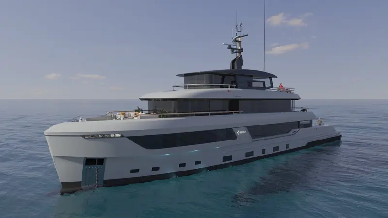 A rendering of the Bering 130's full profile at anchor, showing the hull's four-deck massing.