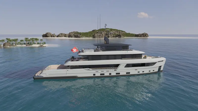 Bering's rendering of the 130 at anchor; no hull has been built or delivered, so every image of the yacht remains a design rendering.