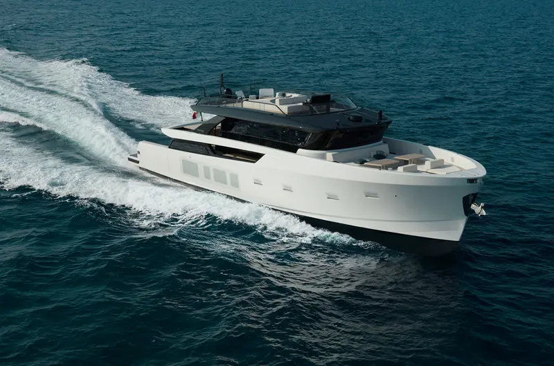 The Bluegame BGX83 under way - at 25.6 metres she is the yard's first model to cross the 24-metre threshold that defines a large yacht under most flag and class rules.