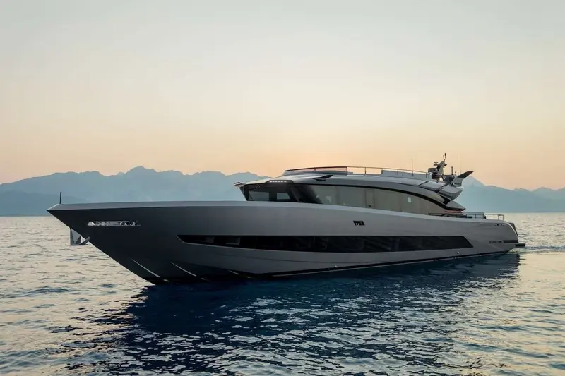 The BRABUS AB110 at sunset off the French Riviera, ahead of her Monaco Yacht Show 2026 world premiere.