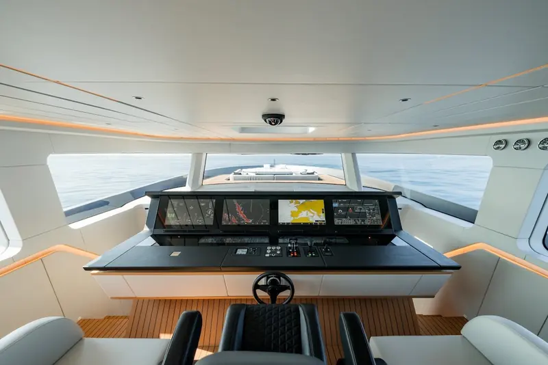 The AB110's helm station, finished in the brand's Masterpiece interior style.