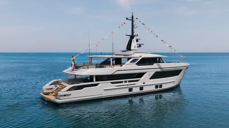Mon Coeur, dressed overall for her naming ceremony. She is the first hull of the RJ102, the smallest yacht Cantiere delle Marche has built under its RJ badge.