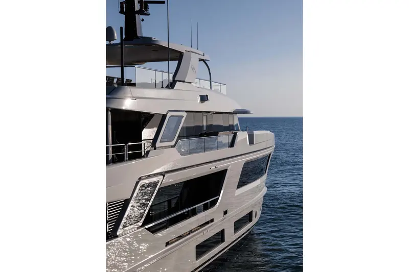 The bow, close up: the near-plumb stem and worked foredeck that mark out the RJ range's explorer profile.