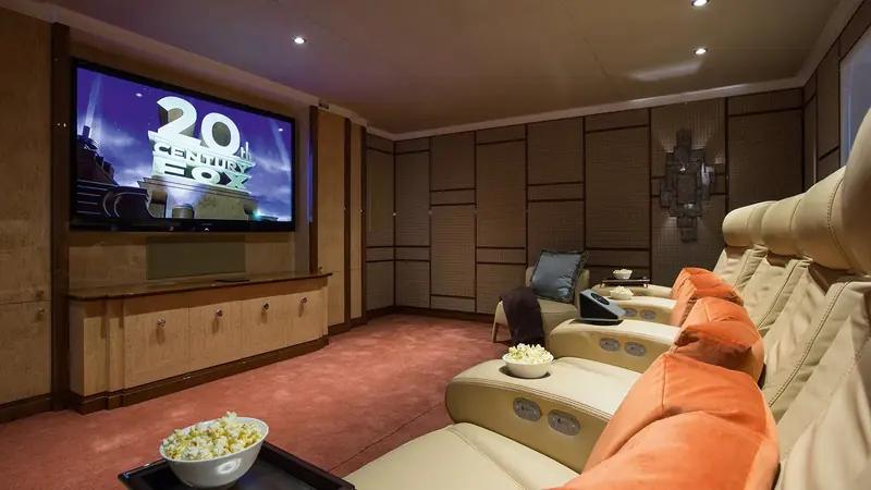 Lady Candy's onboard cinema, one of the interior spaces Central Yacht designed and project-managed for the yacht's owner.