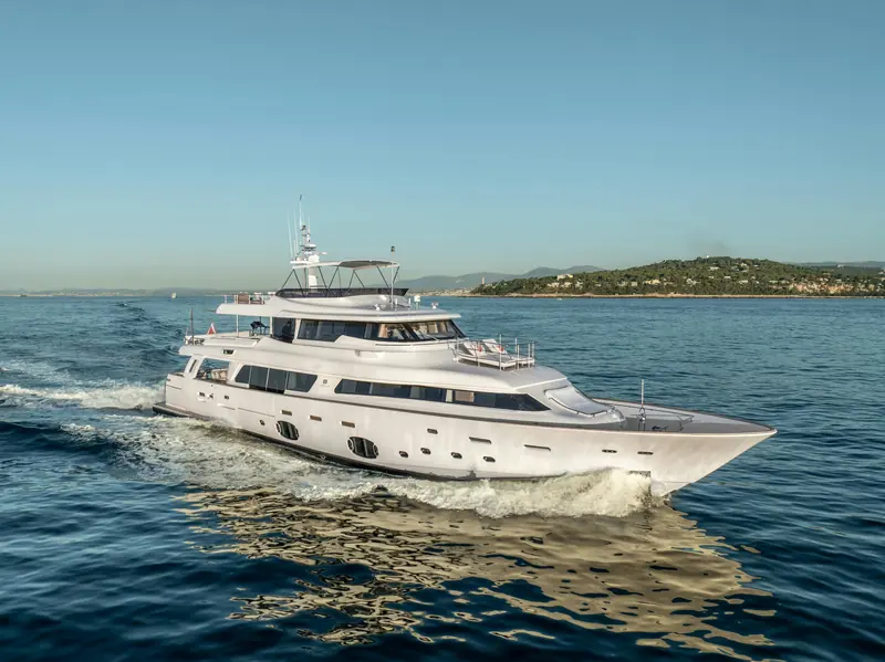 Centurion, the 2013 Custom Line Navetta 33 Crescendo listed by Northrop & Johnson at EUR 4,900,000, under way off Nice.
