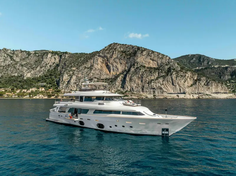 Centurion at anchor below the Cote d'Azur coast, her current cruising ground.