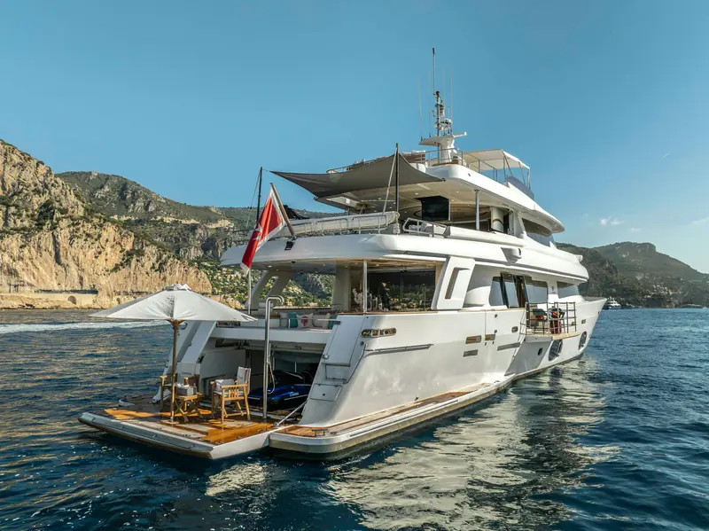 The lowered beach club platform aft, part of the interior and exterior soft refit completed for the 2025 season.