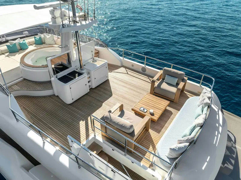 The sundeck jacuzzi and lounge, one of the outdoor areas refreshed in the 2023-2025 refit campaign.