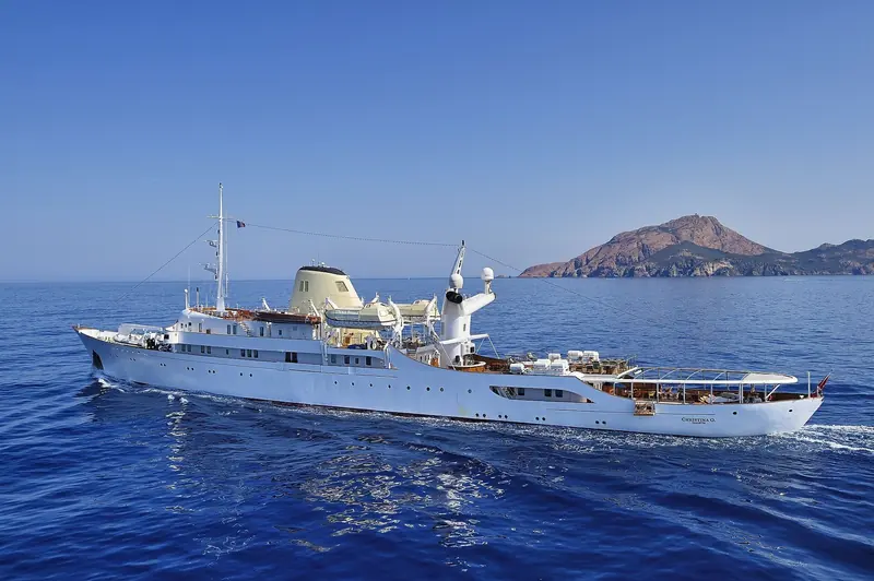 Christina O off the Greek coast. The hull was built in 1943 and converted for Aristotle Onassis in 1953.