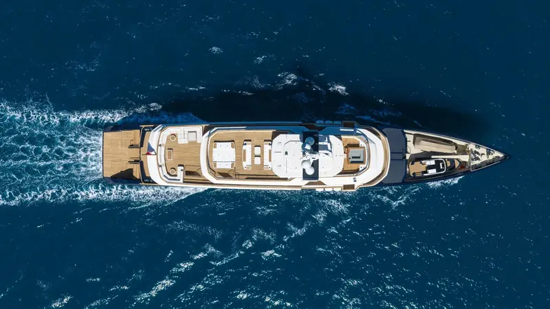 An aerial view of the sundeck and foredeck tender bay. Vripack drew the exterior and naval architecture, working to a brief built around diving and spearfishing rather than formal entertaining.