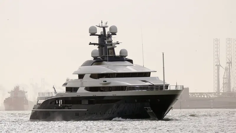 Y709, the hull that became Draak, on sea trials on the Nieuwe Waterweg from Oceanco's yard in 2014, then named Equanimity