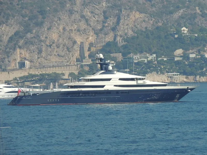 Equanimity, the same 92-metre hull now named Draak, at anchor off Villefranche-sur-Mer in 2014
