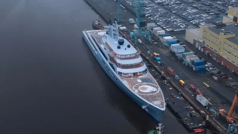 The hull, still known as Project Alibaba, seen from above during outfitting. Construction began in 2019 and continued through the sanctions that changed her ownership.