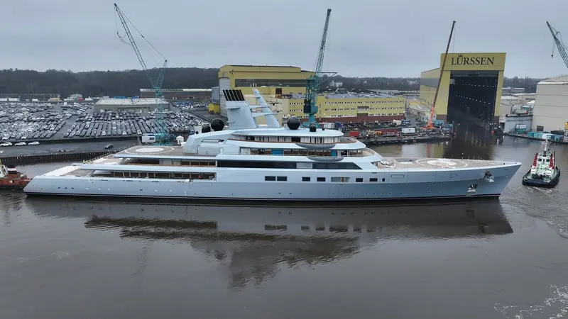 Project Alibaba is floated out at Lurssen's yard, still years from the December 2024 delivery that made her Dragonfly.