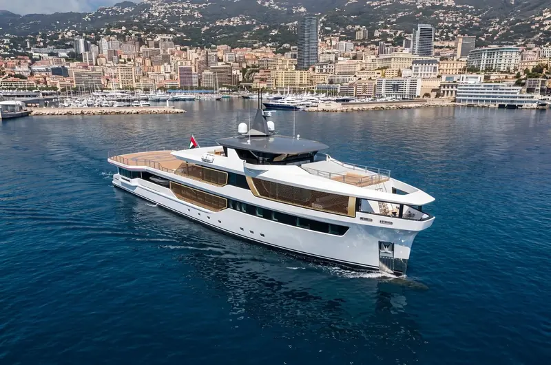 A render of Grandweld Yachts' Grandar 60, shown against Monaco during the Monaco Yacht Show 2026 - the new Dubai-built superyacht division's first model.