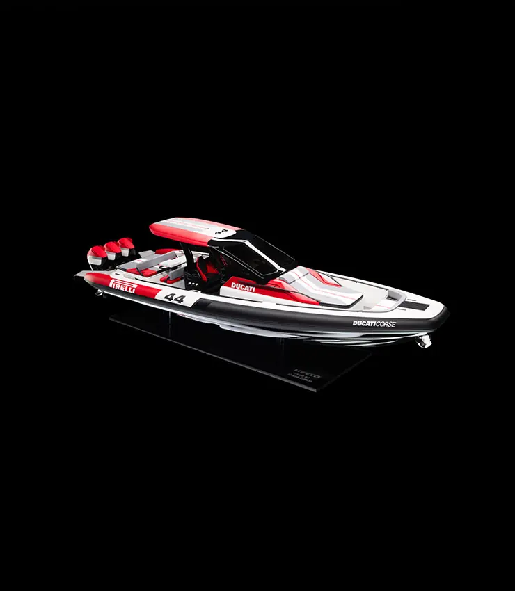 The Pirelli 44 | Ducati Edition scale model shown at its 10 September 2026 world premiere. No full-size hull has been built yet.