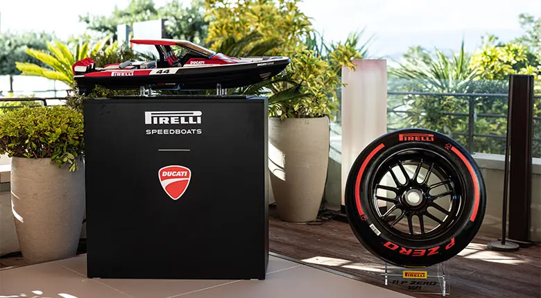 The model displayed beside a matching Pirelli P Zero tyre at the Zuma Cannes unveiling during the Cannes Yachting Festival.