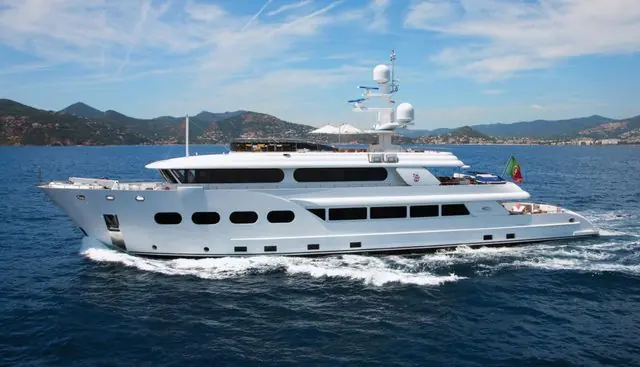 Baron Trenck underway off the French Riviera. Eurocraft Cantieri Navali built her as its own flagship in 2011; she changed hands again in August 2026.