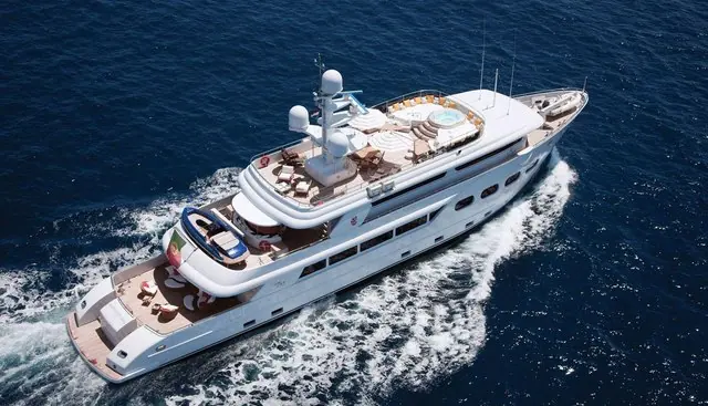 Seen from above underway, showing the sundeck Jacuzzi aft of the wheelhouse and the full deck layout of the 478 GT hull.