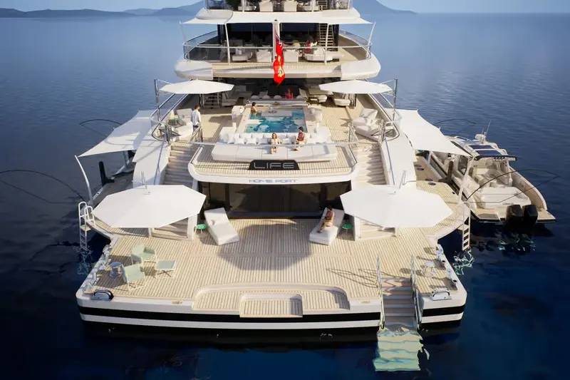 The sundeck pool and loungers seen from above, one of the outdoor spaces built into her 3,945 GT.