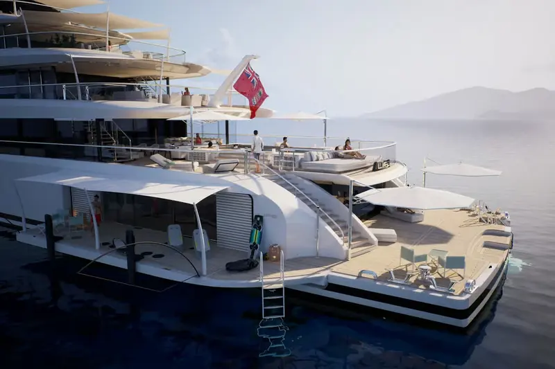 Guests relax on an aft deck under shade sails, with the flag and upper decks visible above.
