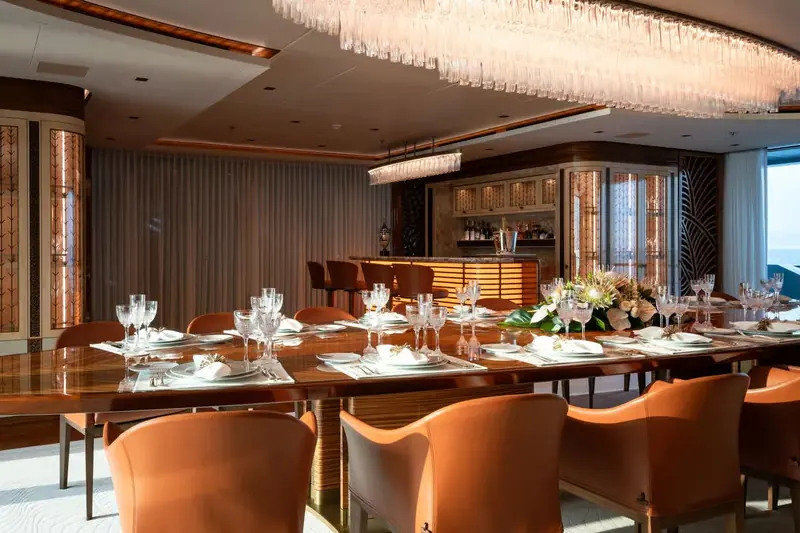 The formal dining room, part of Remi Tessier's interior for the 16-guest yacht.