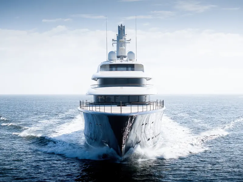 Bow-on, Destiny drives through the North Sea on sea trials, spray breaking past the raised foredeck rail ahead of the forward helipad.