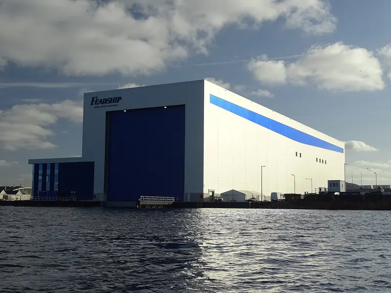 CONTEXT: Feadship's Port of Amsterdam facility at Hornhaven, the destination yard where Project 832 will have her superstructure joined and be outfitted. This frame does not show the hull itself.