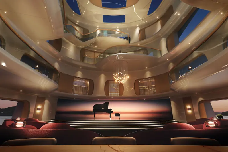 The four-deck atrium set up as a performance stage, one of the configurations Feadship says the central space can take.