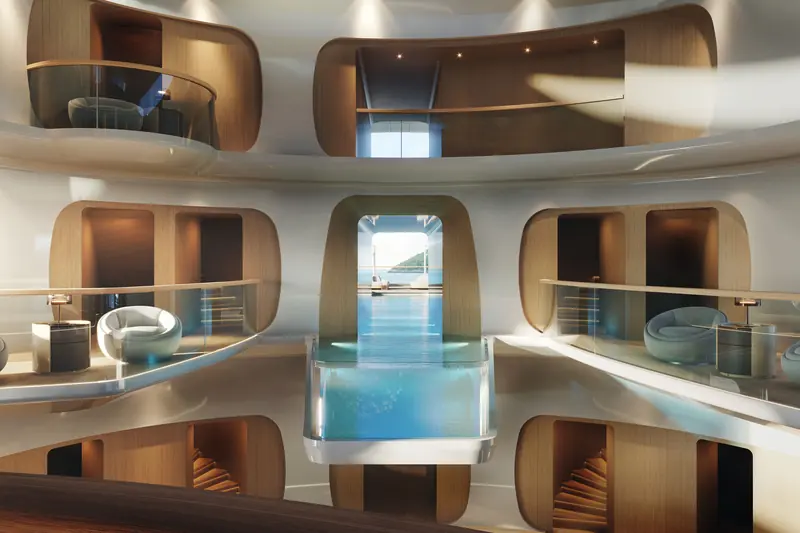 The owner's deck, with balconies flanking the suspended, glass-bottomed infinity pool that extends the 20-metre ContraWave pool indoors.