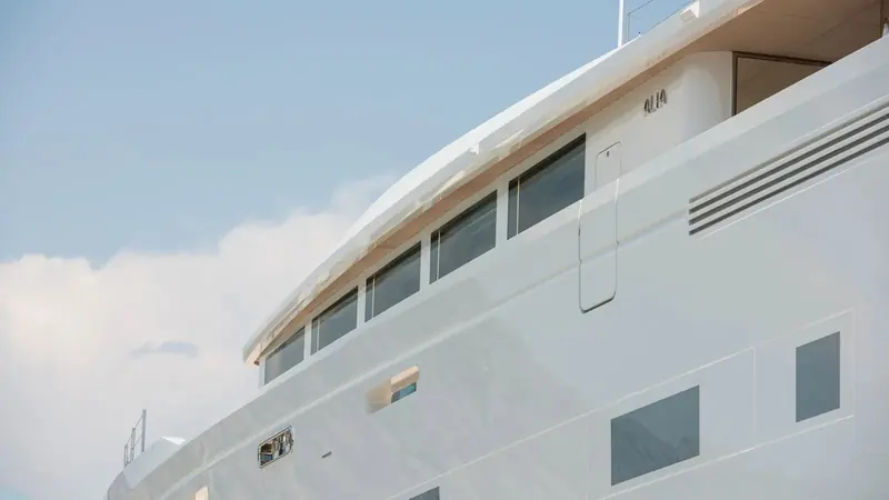 The builder's name at the deck edge. Alia is a full-custom yard rather than a series builder, which is what allowed an owner to specify a boat this far from the standard 45 metre layout.
