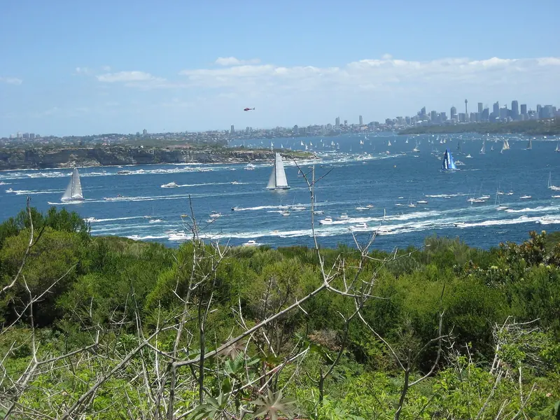 Wild Oats XI, followed by City Index Leopard and Skandia, clears Sydney Heads at the start of the 2007 Sydney to Hobart. This is the hull Grand Banks now owns and races as Palm Beach XI.