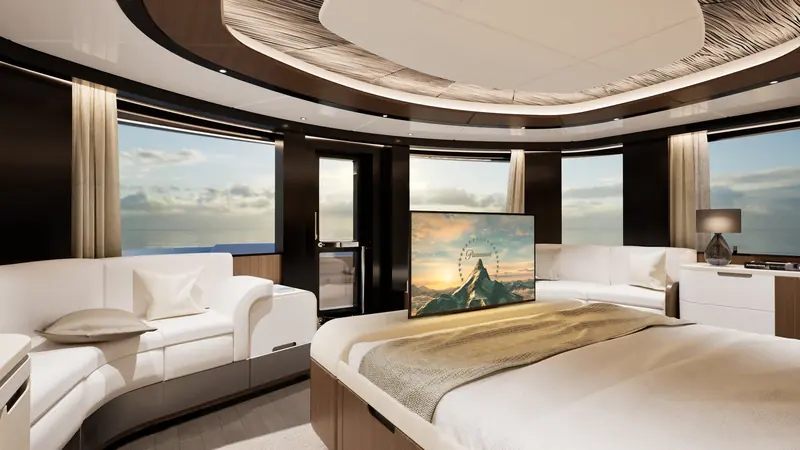 A second cabin aboard the GX42, dressed in white leather and warm wood tones.