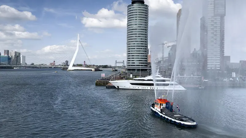 Pa'lante, Kansei's sister ship in the same 55m steel series, christened in Rotterdam in May 2026 under a fireboat's salute - proof the format has already worked once.