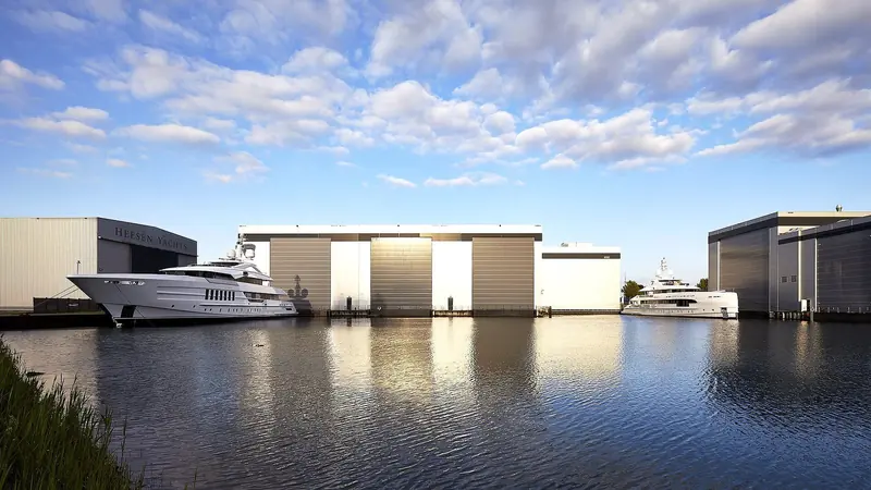 The Heesen yard at Oss, where Kansei's steel hull is being fabricated and fitted out ahead of an October 2028 launch.