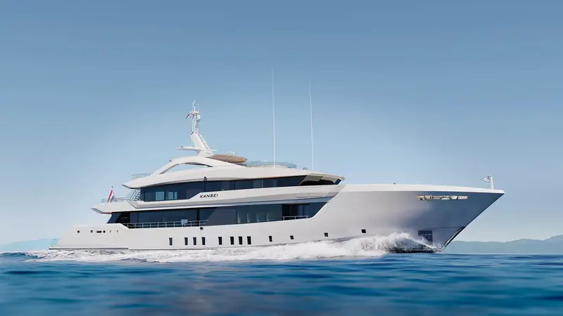 A rendering of the 56-metre Project Kansei underway, due to launch in October 2028 to mark Heesen's golden jubilee.
