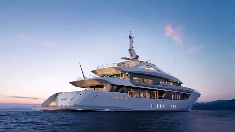 A rendering of Project Kansei at anchor. Exterior lines are by Omega Architects, with interiors by Luca Dini Design and Architecture.