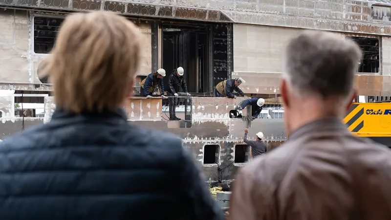 The joining watched from the quay. Construction began in 2023, which puts roughly three and a half years between first steel and the December 2026 delivery date.