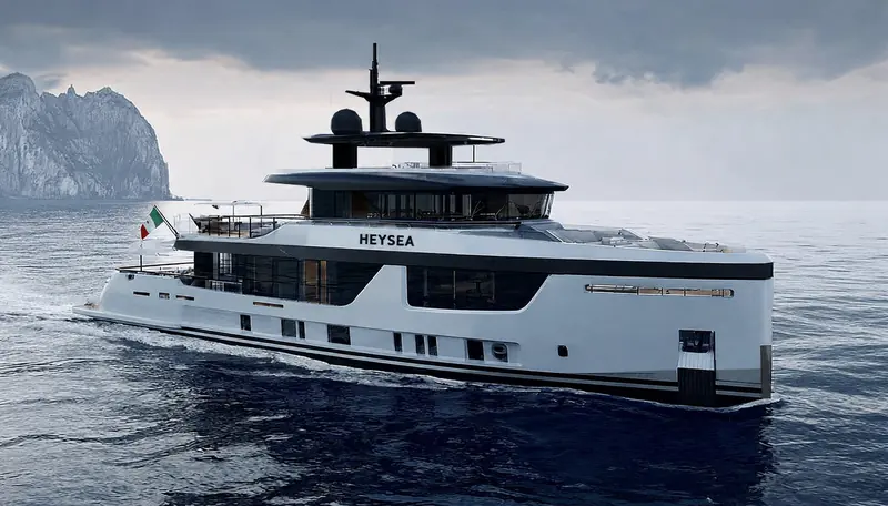Heysea's own render of the 35.96m Explorer underway. The yacht is still in fabrication at the yard's Jiangmen hall - no photograph of a built hull exists yet, and this image is the builder's, not an independent shot.
