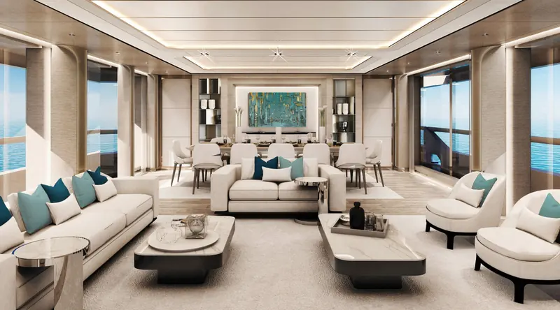 The main saloon and dining area in Heysea's render, styled by VYD Studio. Like the exterior view, this is design visualisation released by the yard, not a photograph of a finished interior.